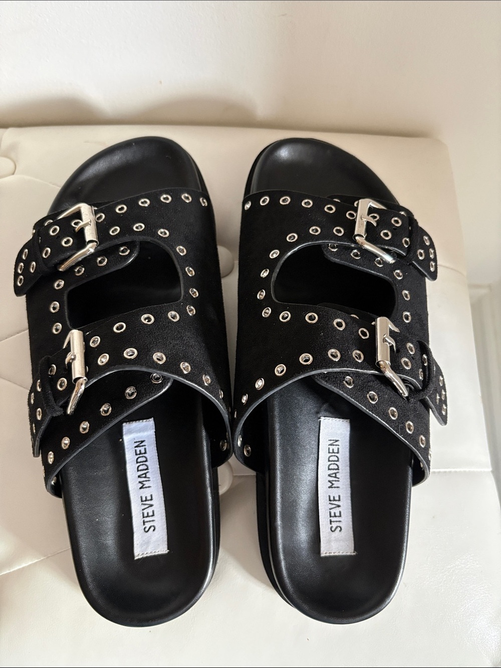 Steve Madden Captive Black Grommet Buckle Slide Sandals